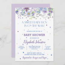 Convite para Chá de Bebê Floral Roxo e Azul