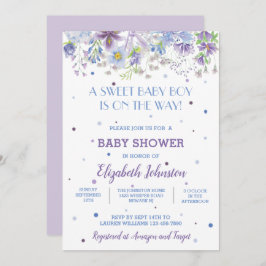 Convite para Chá de Bebê Floral Roxo e Azul