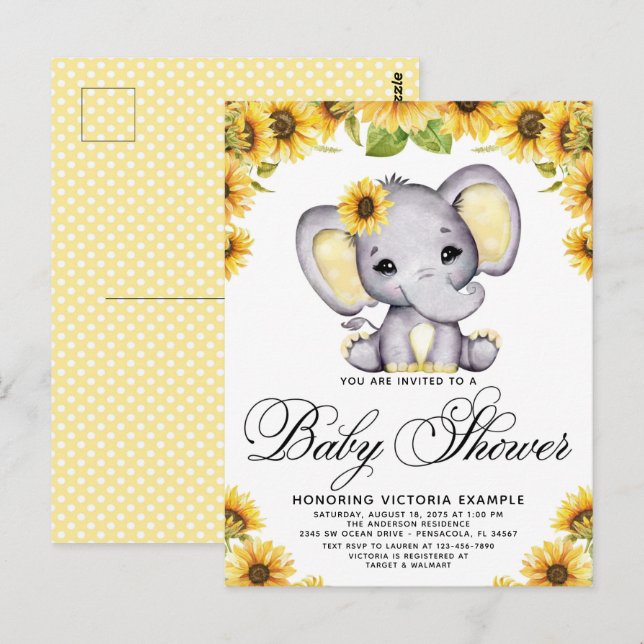 Convite para Chá de Bebê Menina Elefante Girassol (Frente/Verso)