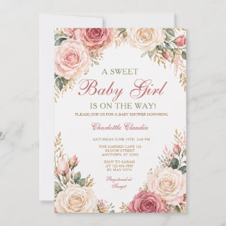 Convite para Chá de Bebê Menina Floral Rosa Rubor