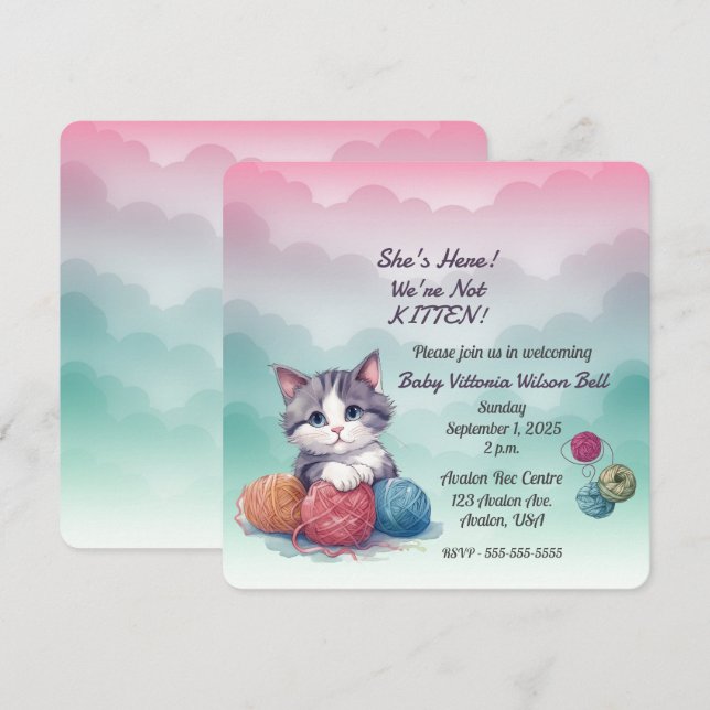 Convite para Chá de Bebê Menina Gatinho (Frente/Verso)