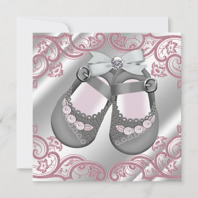 Convite para Chá de Bebê Menina Rosa Cinza Sapatos (Frente)