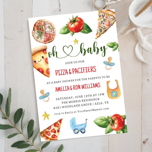 Convite para Chá de Bebê Oh Baby Pizza + Chupetas (Criador carregado)