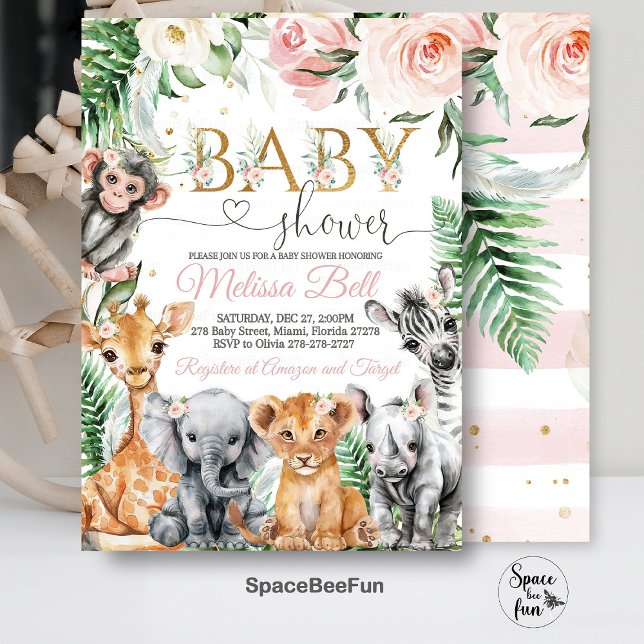 Convite para Chá de Bebê Safari, Safari de Menina  (Editable Safari,Baby Shower,Invitation,Girl Safari,Jungle  Animals,Baby Shower Invite,Wild One Invit)