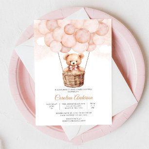 Convite para Chá de Bebê Urso de Pelúcia Balão Ros