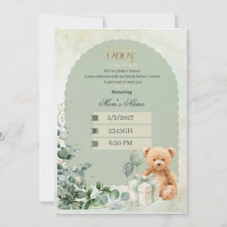 Convite para Chá de Bebê| Urso Teddy Verde Sage Be