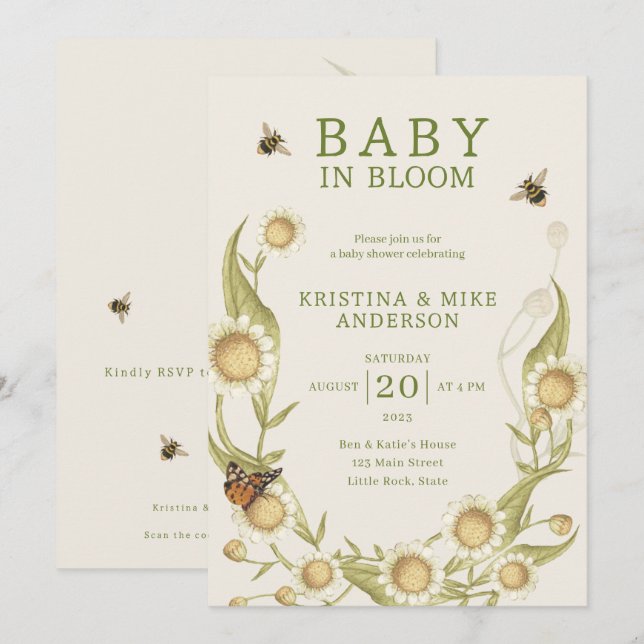 Convite para Chá de Código QR de Bebê em Bloom (Frente/Verso)