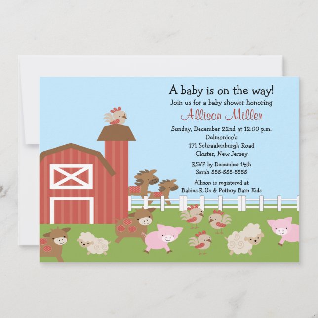 Convite Para Chá De Criança De Animais De Barnyard (Frente)