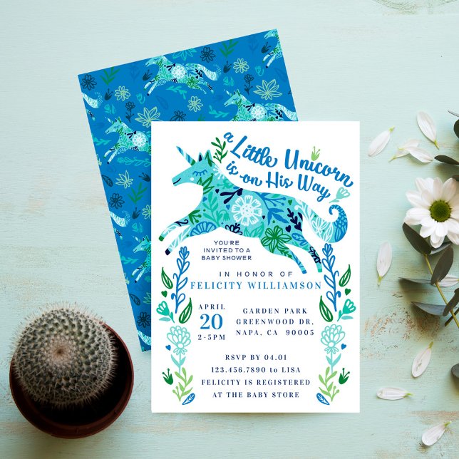 Convite para Chá de Criança de Unicorn Floral Magi (Magical Floral Unicorn Baby Boy Shower Invitation)