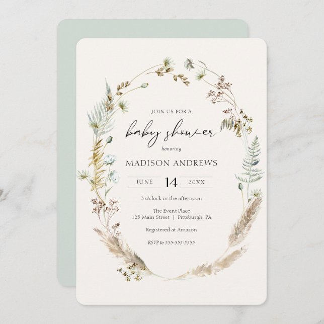 Convite para Chá de fraldas Azul Buquê Seco Bohemi (Frente/Verso)