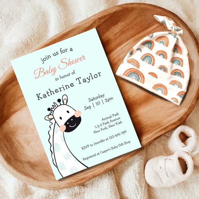 Convite para Chá de fraldas Azul Girafa (Cute Giraffe Baby Shower Invitation, Safari Animal Theme)