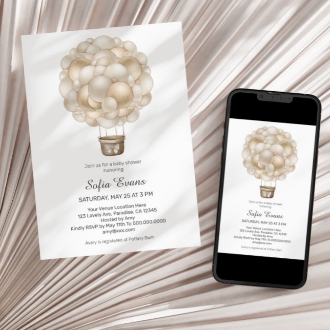 Convite para Chá de fraldas Beige Hot Air Balloon  (Criador carregado)