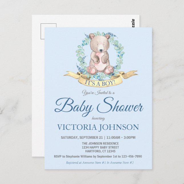 Convite para Chá de fraldas Blue Floral Bear (Frente/Verso)