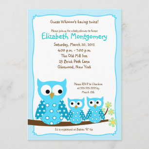 Convite para Chá de fraldas BLUE HOOT OWLS TWINS 
