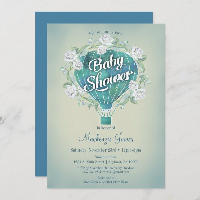 Convite para Chá de fraldas Blue Hot Air Balloon B (Frente/Verso)