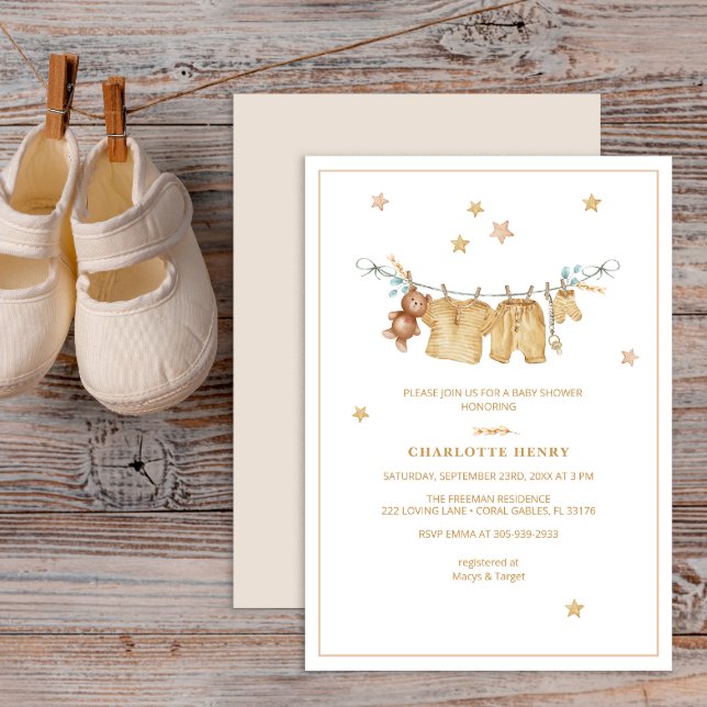 Convite para Chá de fraldas Boho Clothesline (Watercolor clothesline Baby Shower Invitation)