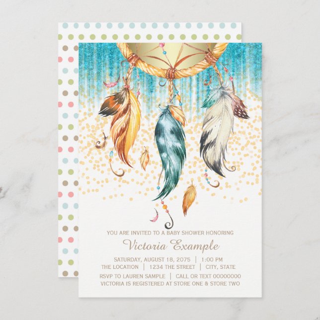 Convite para Chá de fraldas Boho Dream Catcher (Frente/Verso)