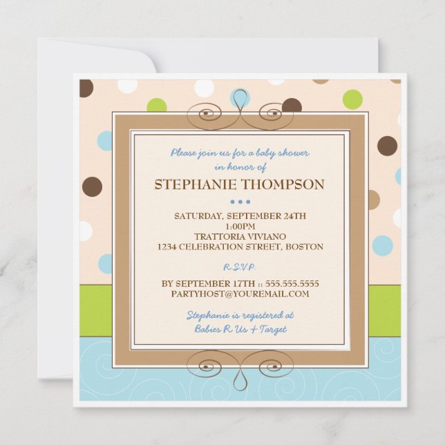 Convite para Chá de fraldas Bolinhas Azul Whimsy B (Frente)