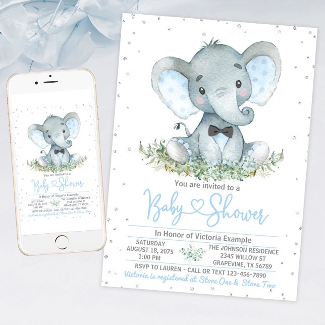 Convite para Chá de fraldas Boy Elephant Tie Glitt (Boy elephant baby shower invitation with cute baby elephant. For instant download and print.)