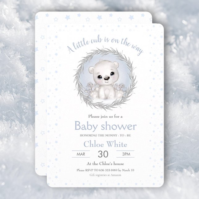 Convite para Chá de fraldas Branco do Garoto Polar (Cute Polar Bear Boy White Baby Shower Invitation)