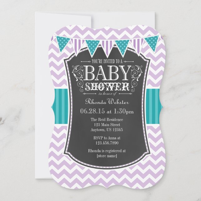 Convite para Chá de fraldas Chalkboard Roxo Teal (Frente)