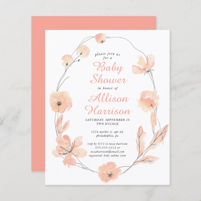 Convite para Chá de fraldas Coral Floral de Orçame (Frente/Verso)