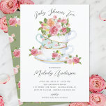 Convite para Chá de fraldas da Taça Floral China T<br><div class="desc">Xícaras de chá de porcelana,  com flores rosa bonito,  colocadas sobre fundo branco,  com um fundo floral verde coordenado para um toque especial extra.</div>