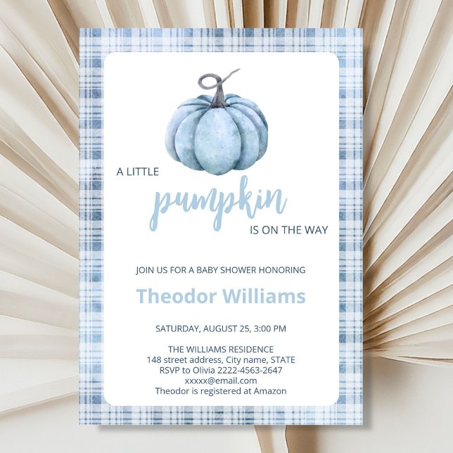 Convite para Chá de fraldas de Abóbora Azul | Tema (Little pumpkin minimalistic autumn fall blue boy baby shower invitation )