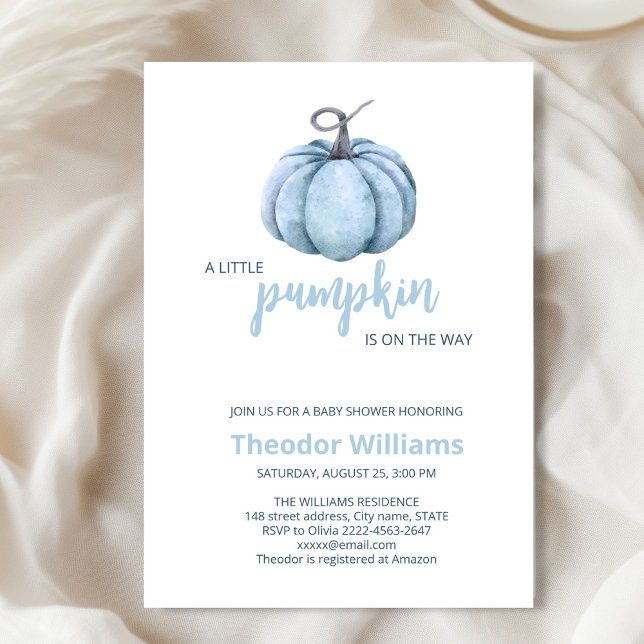 Convite para Chá de fraldas de Abóbora Azul | Tema (Little pumpkin minimalistic autumn fall baby shower invitation boy)