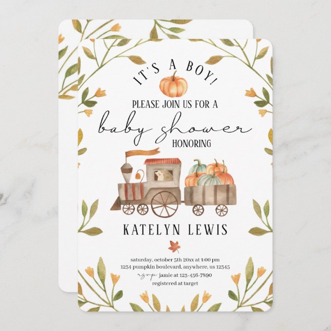 Convite para Chá de fraldas de Abóbora com Comboio (Frente/Verso)