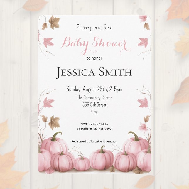 Convite para Chá de fraldas de Abóbora Rosa (Editable pink pumpkin theme baby shower invitation. )