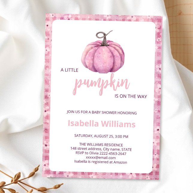 Convite para Chá de fraldas de Abóbora Rosa | Tema (Little pumpkin minimalistic autumn fall pink girl baby shower invitation )