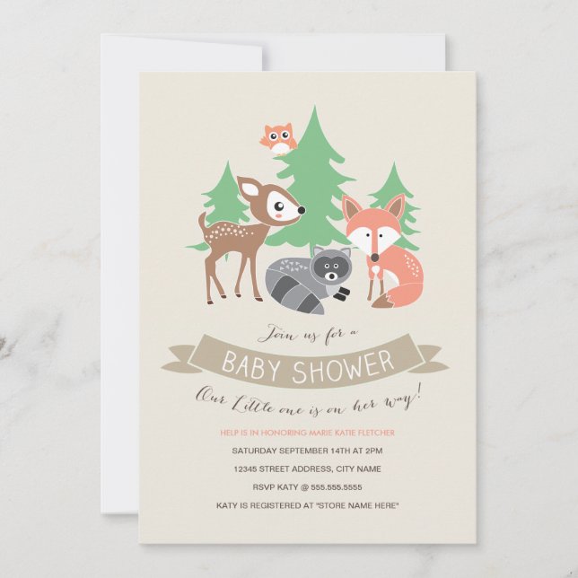 Convite para Chá de fraldas de Amigos do Woodland (Frente)