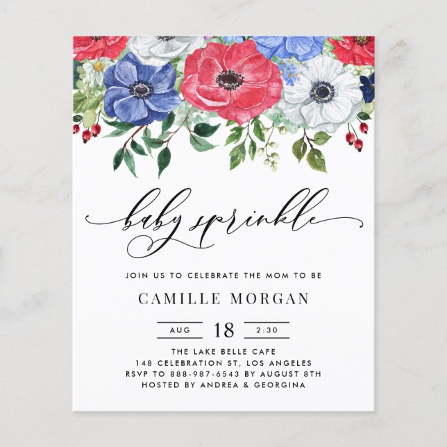 Convite para Chá de fraldas de Anêmonas Vermelho,  (Frente)