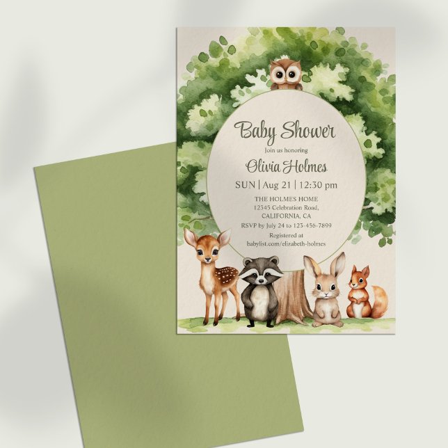 Convite Para Chá de fraldas De Animais Da Floresta (Boho Cute Woodland Animals Baby Shower Invitation against a neutral background.)