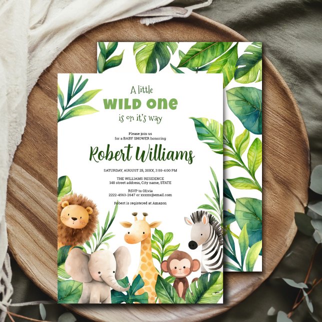 Convite para chá de fraldas de aquarela animal Saf (Celebrate your little one’s arrival with this adorable African safari-themed baby shower invitation!)