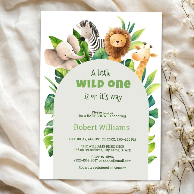 Convite para chá de fraldas de aquarela animal Saf (Safari wild one baby shower invitation )