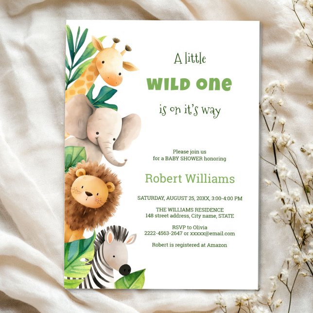 Convite para chá de fraldas de aquarela animal Saf (Safari wild one baby shower invitation )