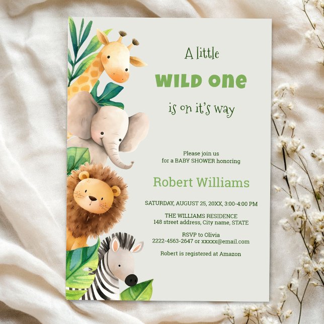 Convite para chá de fraldas de aquarela animal Saf (Safari wild one baby shower invitation )
