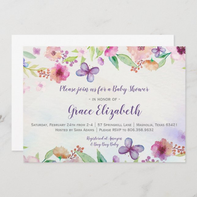 Convite para Chá de fraldas de Aquarela Floral de  (Frente/Verso)