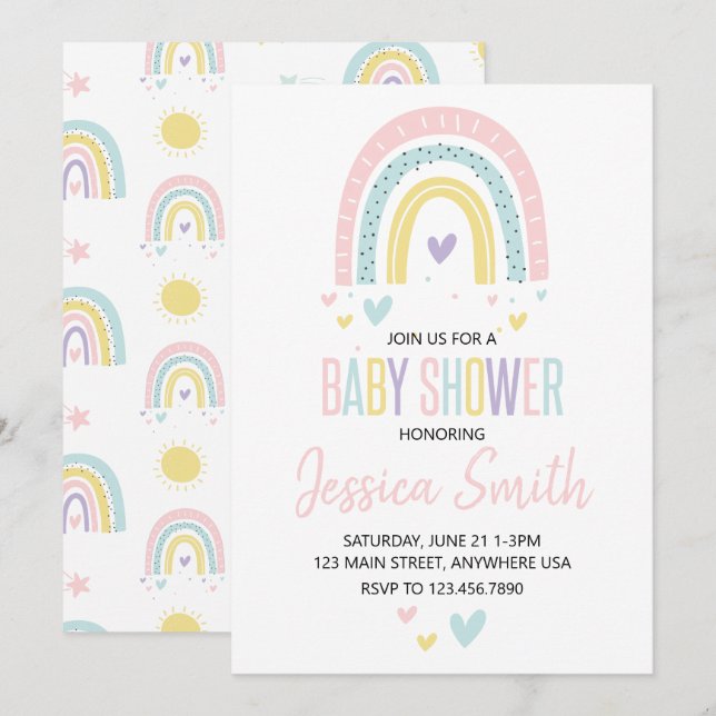 convite para chá de fraldas de arco-íris pastel e  (Frente/Verso)
