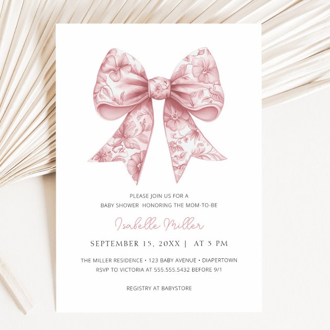 Convite para Chá de fraldas de Arco Rosa (Pink Bow Girl Baby Shower Invitation)