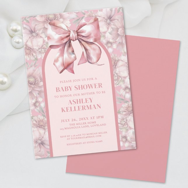Convite para Chá de fraldas de Arco Rosa-Rosa Flor (Floral Bow Pink Girl Baby Shower Invitation)