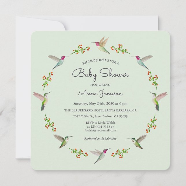 Convite para Chá de fraldas de Aves Hummingbird da (Frente)