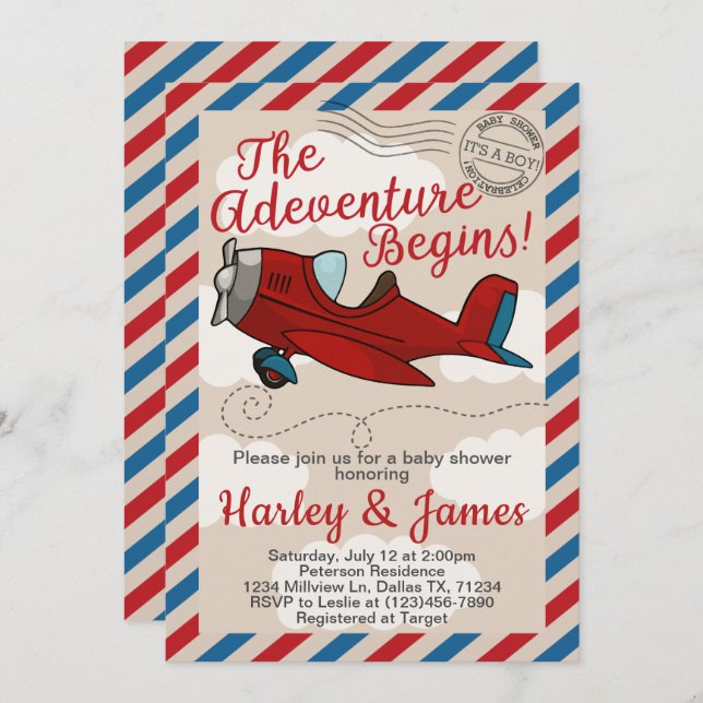 Convite para Chá de fraldas de avião Vintage (Frente/Verso)