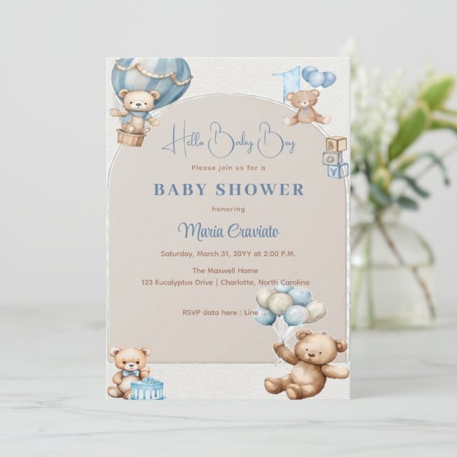 Convite para Chá de fraldas de Balão de Urso de Te (Em pé/Frente)