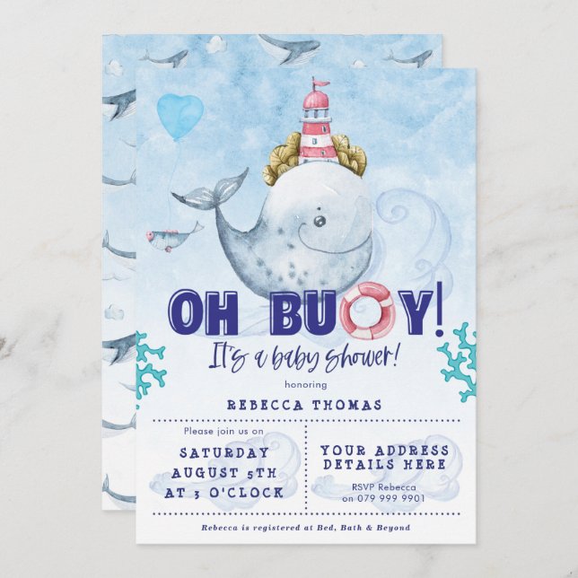 convite para chá de fraldas de baleias náuticas (Frente/Verso)