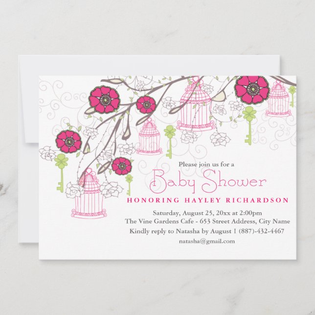 Convite para Chá de fraldas de Birdcage Rosa e Ver (Frente)