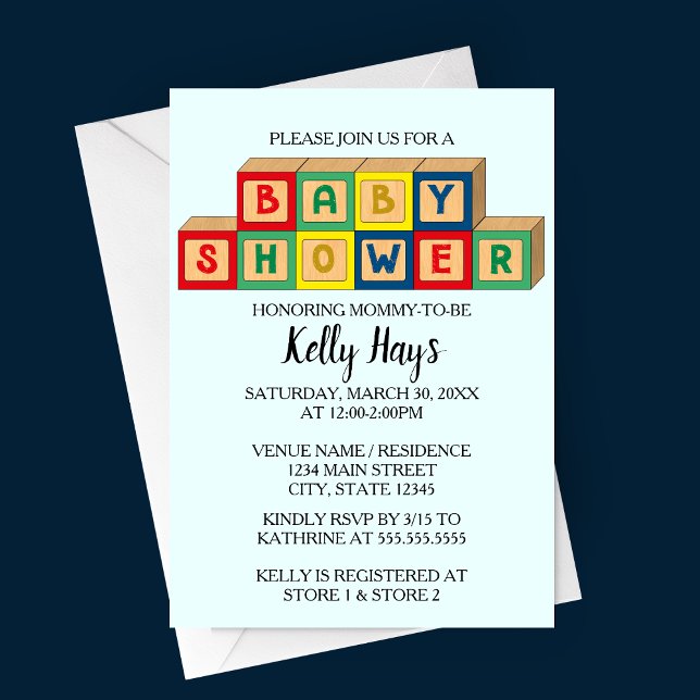 Convite para Chá de fraldas de Blocos de Bebê (Baby Blocks Baby Shower Invitation with light blue background and multi colored baby blocks)
