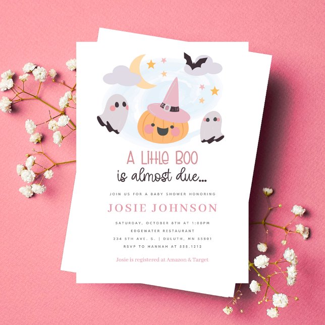 Convite para Chá de fraldas de Boo Halloween Rosa (Pink Little Boo Halloween Baby Shower Invitation)